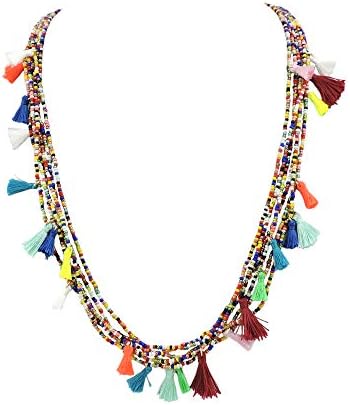 Bocar Long Multiple 6 Strand Handmade Beaded Statement 31" Necklace with Tassel Pendant for Women (NK-10579)