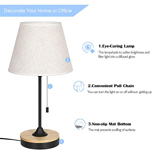 Table Lamp Set of 2, Wood Desk Lamps with Neutral Shade & Soft, Elegant Black Bedside Lamps, Ambient Lamp for Bedroom Nightstand, Coffee Table, Dressers