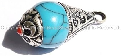 Blue Crackle Copal Tibetan Healing Amulet Pendant with Tibetan Silver Caps - Handmade Ethnic Tibetan Pendant