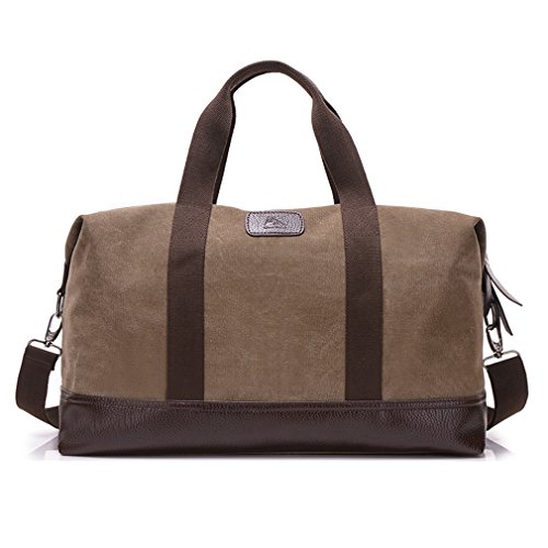 Women Canvas Weekender Travel Tote Overnight Duffel Bag PU Trim Carry on Bags (Brown) Medium