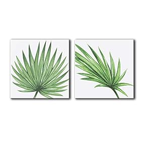 2 Panel Square Canvas Wall Art - Watercolor Style Tropical Green Leaves - Giclee Print Gallery Wrap Modern Home Art Ready to Hang - 12"x12" x 2 Panels