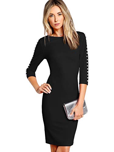 Floerns Women's 3/4 Sleeve Pencil Zipper Back Midi Bodycon Dress Black XS