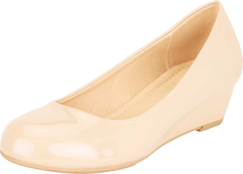 Cambridge Select Women's Round Toe Slip-On Chunky Low Wedge,7.5,Dark Beige Patent Pu