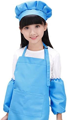 SEADEAR Waterproof Anti-Oil Adjustable Durable Children's Aprons Fashion Apron with Hat Sleeves for Painting Kindergarten Art Museum Cooking 7-12 Years Old(Light Blue)