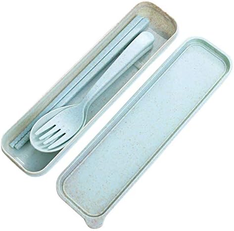Connia New 1Set Reusable Spoon Fork Travel Chopsticks Wheat Straw Tableware Cutlery (Green)