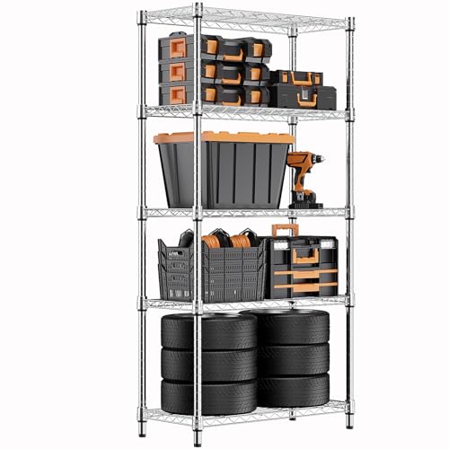 M MZG 5 Tier Heavy Duty Steel Shelving Unit Wire Organizer for Home Kitchen Office Chrome 35x60x159cm