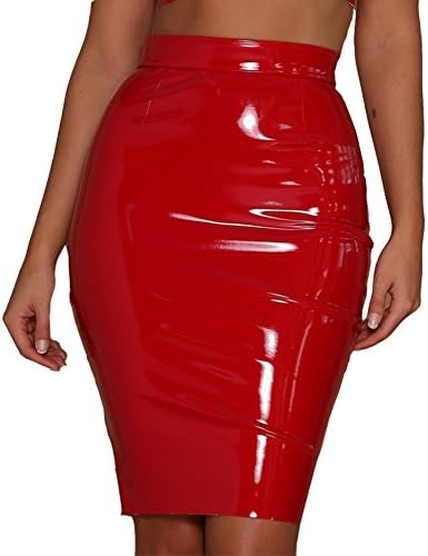 Women High Waist Metallic Shinny Faux Leather Skirt Slim Elegant Bodycon Stretchy Mini Pencil Skirts