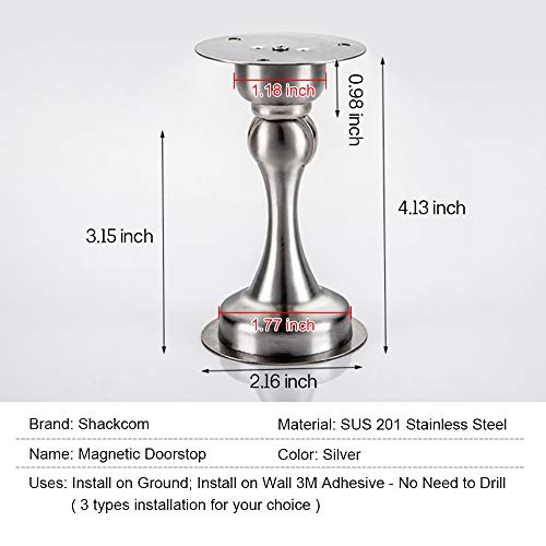 Shackcom 2 Pack Magnetic Door Stop, Stainless Steel Door Stopper in Brushed Nickel, Door Holder for Wall or Floor Mount with Screws, or 3M Double-Sided Adhesive Tape No Need to Drill - DS818
