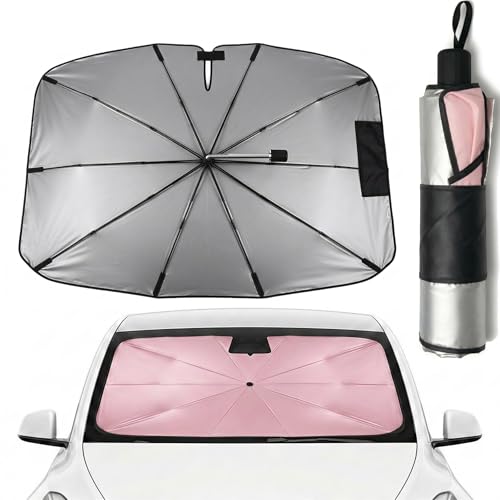 Zuquik Front Car Sun Shade 145 x 85 cm V-Opening for Cars and SUVs, Windshield Sunshade with Flexible Handle 360 Degrees, UV Block 3 Layers Odorless (Cherry Pink, L~L)