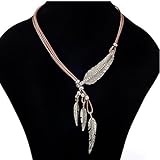 Usstore 1PC Women Pendant Fashion Bohemian Style Black Rope Chain Feather Pattern Necklace Partty Gift Alloy (Silver)