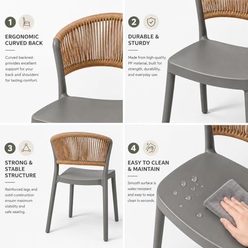 MARCOLO Chair Without Arms, Outdoor Plastic Dining Chair, Weather & UV Resistant Patio Chair for Balcony, Garden, Kitchen & Indoor Outdoor Use, Modern Rope-Style Design, 41x53.5x82cm (Grey)