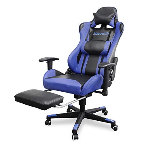 Gaming Chair Ergonomic Racing - Bizzoelife High Back PU Leather Adjustable Office Chair with Footrest Backrest Headrest (Blue)