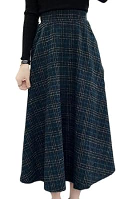 Cromoncent Women's A Line High Waist Plaid Classic Wool Blend Midi Skirt