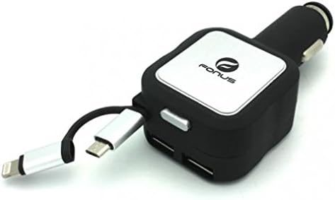 4.8Amp Retractable Car Plug-in Rapid DC Charger USB 2-Port 2-in-1 Plugs Power Adapter Black for Coolpad REVVL Plus - Huawei Honor 6X - Huawei Honor 7X - LG Q6