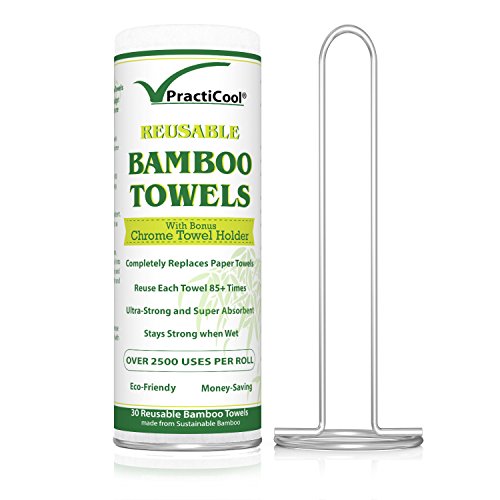 Practicool-Bamboo-Kitchen-Towel-Roll-Friendly-Reusable-White-Washable-30-Sheets-11-x-12-inch-with-bonus-Chrome-Towel-Holder