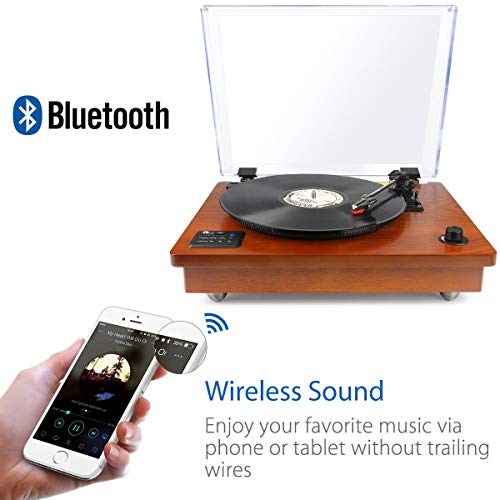 1byone Belt Driven Turntable with Built in Stereo Speaker, Wireless Connection Vintage Style Record Player, Vinyl to MP3 Recording, Natural Wood