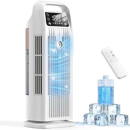Portable Air Conditioner with Remote Control, 5 in 1 Water Fan, 1.2L Evaporative Climate Control, Storm Button 7 m/s, 120° Oscillation, 12 Hour Timer, Low Consumption (Polar White)