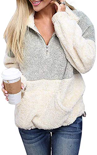 Angashion Womens Long Sleeve Half Zip Fuzzy Fleece Pullover Jacket Outwear Sweatshirt Tops Coat with Pocket Grey S