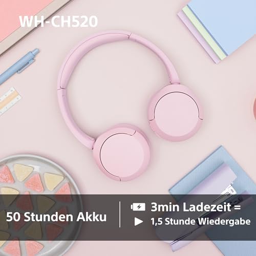 WH-CH520 Kabelloser Bluetooth On-Ear-Kopfhörer, hohe Klangqualität, leichtes Design, bis zu 50 Stunden Akkulaufzeit, Schnellladung, EQ, klare Gesprächsqualität, iOS & Android - Beige