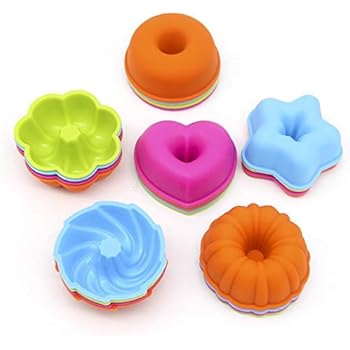LetGoShop Silicone Molds for Muffin, Reusable Cupcake Liners Donut Pans,Non-stick Baking Cups 6 Shapes,Heart, Stars, Flower, Round, Pumpkin, Spiral 24pcs colorful