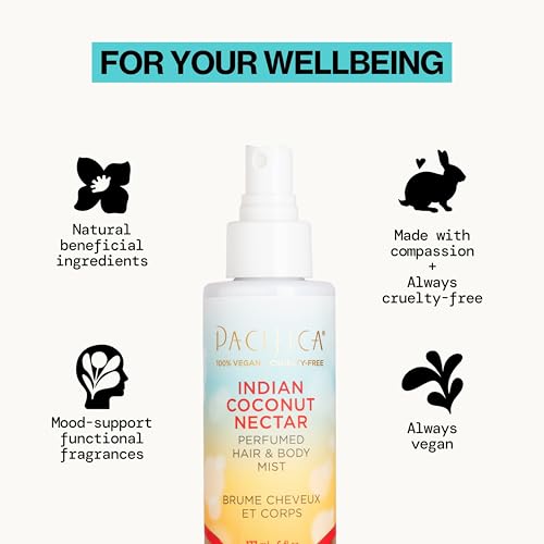 PACIFICA BEAUTY, INDIAN COCONUT NECTAR HAIR PERFUME & BODY SPRAY, COCONUT AND CREAMY VANILLA SCENT, NATURAL & ESSENTIAL OILS, ALCOHOL FREE, CLEAN FRAGRANCE, VEGAN & CRUELTY FREE