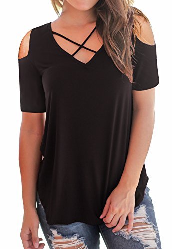 Women Short Sleeve Criss Cross Neck Cold Shoulder Casual Tops T-Shirt (Black, Large)