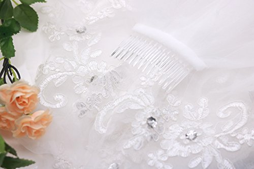 Kercisbeauty Bridal Lace Embroidery Hollow Out Flower White and Ivory Veil Drop Wedding Hair Comb Crystal Beads Wide Lace Chapel Single Layer Wedding Hair Accessories - Thumbnail 2