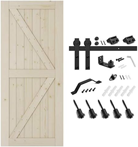 Smartstandard スライド式納屋の木製ドア 36インチ 84インチ 事前にドリルで穴開け済み すぐに組み立て可能 Diy 未完成 ソリッドサイプレス木製パネルスラブ インテリアシングルドアのみ ナチュラル Kフレーム