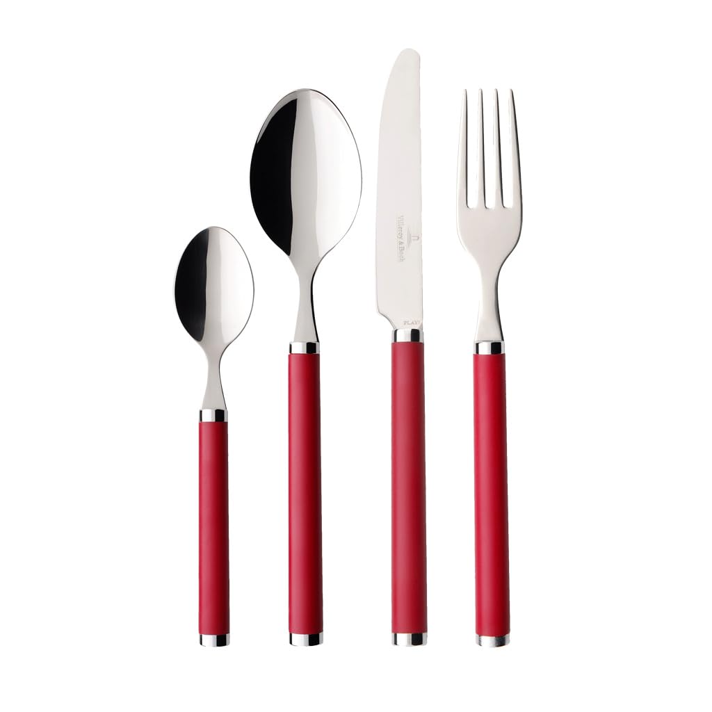 Villeroy & Boch Play! Red Roses Cutlery for up to 6 People, 24 Pieces, Stainless Steel, Red Plastic Handle