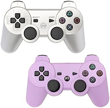 HBetterTech PS3 Controller 2 Pack Wireless Bluetooth Six Axis Controllers Gamepad for PlayStation 3 Dualshock 3 (1Silver + 1Purple)