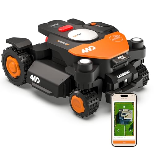 WORX Landroid Vision Cloud WR341E 4WD Mähroboter ohne Begrenzungskabel für 1000 m² (KI-Hinderniserkennung, VSLAM+ RTK Cloud Navigation, 84% Steigung, Auto-Mapping, App-Steuerung)