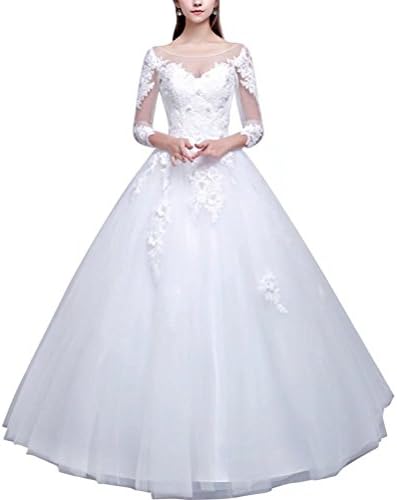 RJOAM Charming Lace Appliques Bride Gown with Three Quarter Sleeve Wedding Dresses 2017 White Size 4