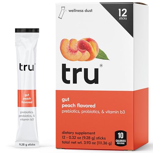 TRU GUT POWDER, PREBIOTICS AND PROBIOTICS FOR DIGESTIVE HEALTH, PEACH FLAVORED GUT HEALTH DRINK MIX WITH VITAMIN B3, SWEETENED WITH MONK FRUIT & STEVIA, CAFFEINE FREE, GLUTEN FREE, VEGAN, 12 PACKETS