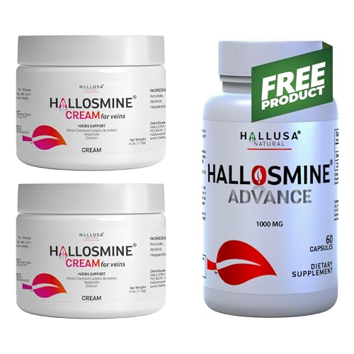 Hallosmine Cream for Veins 2 Pack + Free Hallosmine Advance Diosmin 1000mg – Hesperidin, Horse Chestnut & Aloe Vera – Circulation & Vein Support, 02 Cream (04 Oz, 112g) + 01 Bottle (60 Capsules)