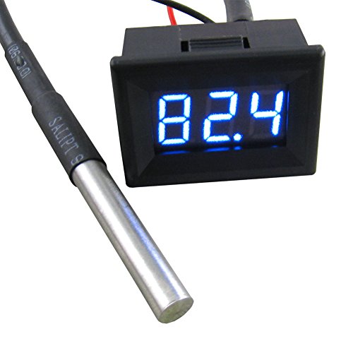 Yeeco 0.36" -55-125Â°C Blue LED Digital Thermometer Temperature Gauge Panel Black Shell Temp Measure with 18B20 Waterproof Temp Sensor for pond/car/ Refrigerator/ Aquarium