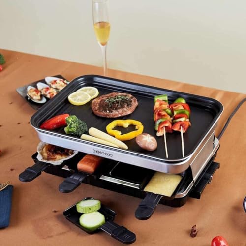 Dxmocos Raclette Grills Indoor Raclette Machine, Grill for 8 with Non-Stick Coating Plate, 8 Mini Pans, 1500W Adjustable Temperature Control for 8 Person