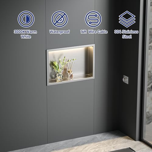 Bernkot Wall Mounted Stainless Steel Shower with LED, Recessed Shower Shelf, Double Layer, Niche for Bathroom, 60 x 30 cm, Tile Free, Black