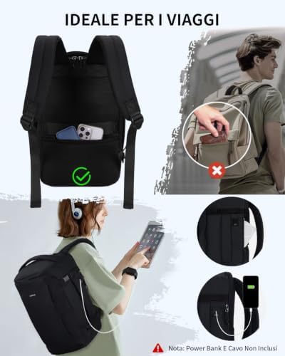 Zaino Ryanair 40x20x25, Zaino da Viaggio da 20L con 10 Tasche, Valigia Bagaglio a Mano Porta PC 14 pollici, Zaini Donna Uomo in PET Riciclato per Trekking e Lavoro（Nero）