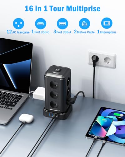 TOPREK Power Strip Tower with 12 French AC Sockets and 1 USB C (20W PD3.0) and 3 USB A and 2 M Electric Extension Cable and 1 Switch, 4000W/16A, Surge Arrester Power Strip for Office and Home, Black