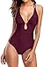 Women's Sexy Lace Up V Neck One Piece Swimsuit Swimwear Backless Bathing Suit, Wine Red, US 8/Medium