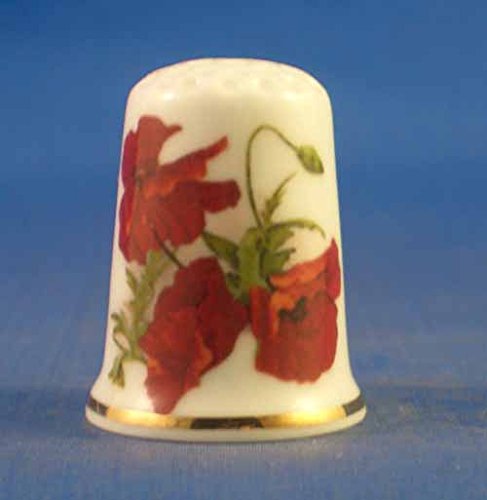 Porcelain China Collectable Thimble - Red Poppy Spray - Free Gift Box