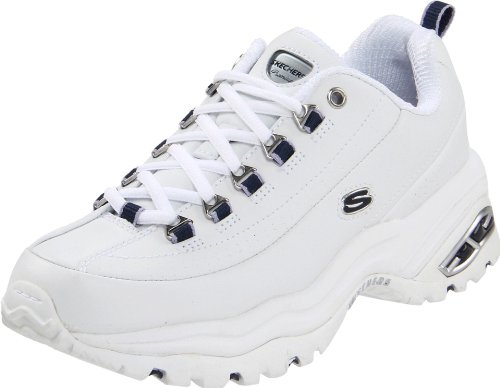 SKECHERS Women's Premiums White Smooth Leather/Navy Trim Oxford