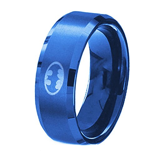 USA 8MM Polished Blue Batman Symbol Ring Titanium Stainless Steel Men Ring Band