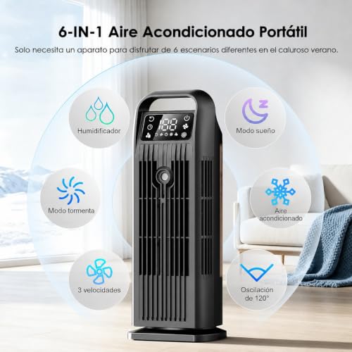 Portable Tubeless Air Conditioner, 6 in 1 Mini Air Conditioner Without Installation, Silent Tower Fan with Control, 120° Oscillation, 1.2L Reservoir, 12H Timer, Low Consumption, Matte Black
