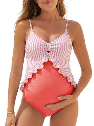 Maternity swimsuit ruffle cutout pink stripe