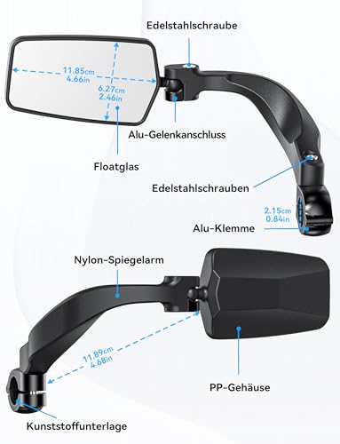 Bicycle Rear View Mirror, 360° Foldable & Rotatable Bicycle Mirror for E-Bike Left, Bicycle Mirror Left for Ebikes with HD Vision, Impact-Resistant Real Glass, Compact Handlebar Mirror for E Scooter