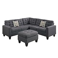 Poundex F6935 Bobkona Norton Linen-Like 4 Piece Sectional with Ottoman Set, Blue Grey