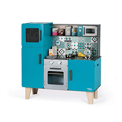 Janod Lagoon Maxi Cooker Aqua 34” Tall Wooden Kitchen Playset Toy with