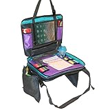 2 in 1 Kids Travel Tray Plus Organizer Toddler Activity Snack Play Tray with iPad Tablet Holder, Storage Mesh Pockets, Cup Holder & Pen Straps, Detachable Lap Table for Car Seat, Stroller & High Chair