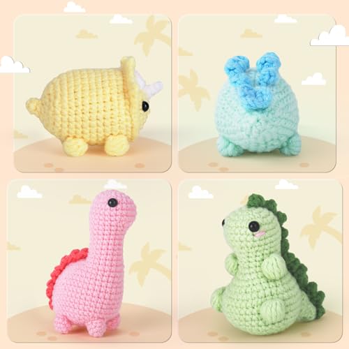 Crochet Kit for Beginners, Beginner Crochet Kit for Adults with Step-by-Step Video Tutorials, DIY Crochet Animal Kits Kids Knitting Supplies, 4 Pack Dinosaurs (40%+ Yarn) Knitting Patterns